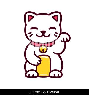 Cute cartoon white Maneki Neko, Japanese lucky cat. Good luck Feng Shui kitty drawing. Isolated vector illustration. Stock Vector