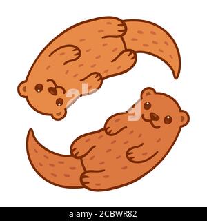 Cute otter couple swimming in yin yang shape. Two cartoon little otters, vector clip art illustration. Stock Vector