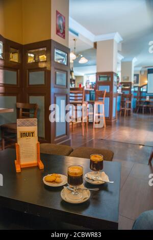 Two Irish coffees in a traditional cafe. Madrid, Spain. Stock Photo