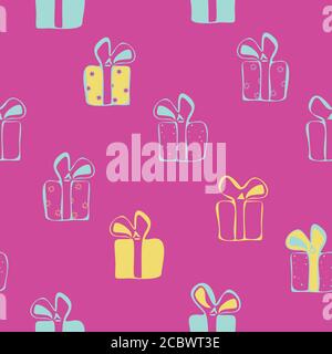 Vector seamless pattern of giftboxes on pink background. Gift box with bows. Stock Vector