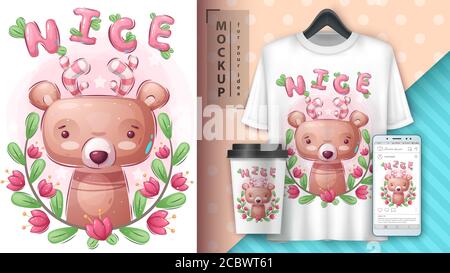 Pretty bear - poster and merchandising. Stock Vector