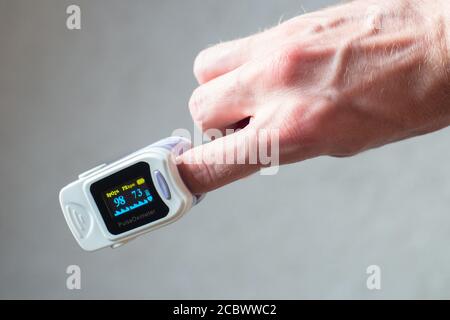 Blood oxygen saturation meter, or pulse oximeter, for measuring oxygen saturation in blood or 'sats'. Also provides pulse rate. Non invasive device Stock Photo
