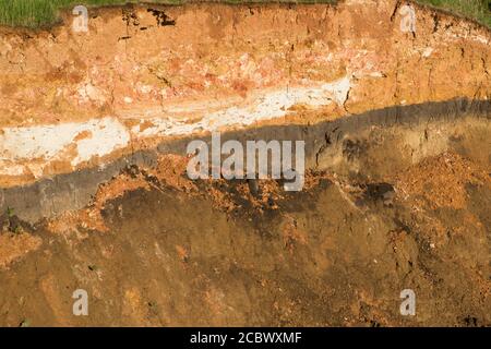 The curb erosion from storms. To indicate the layers of soil and rock. Stock Photo