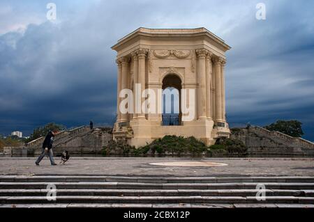 Water tower in the Gardens at the Royale du Peyrou Square in Montpellier France.   Inside the Park, in addition to the gardens, stand out the equestri Stock Photo