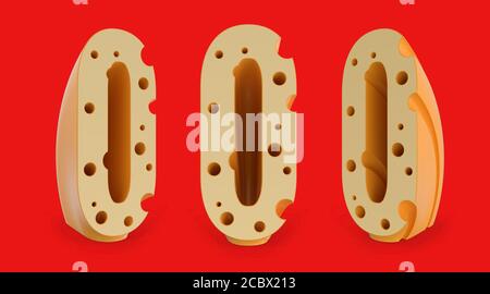 Number 0. Digital sign. Cheese alphabet and font. Set of three view points on red. 3D rendering Stock Photo