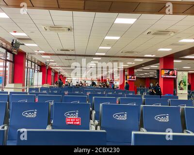 Kathmandu,Nepal July-18,2020 Inside the Tribhubuvan Internation airport ,The passenger sits are empty Due to Pandemic,Corona virus in Nepal. Stock Photo