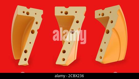 Number 7. Digital sign. Cheese alphabet and font. Set of three view points on red. 3D rendering Stock Photo