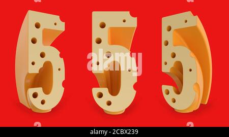 Number 5. Digital sign. Cheese alphabet and font. Set of three view points on red. 3D rendering Stock Photo