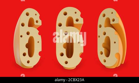 Number 6. Digital sign. Cheese alphabet and font. Set of three view points on red. 3D rendering Stock Photo