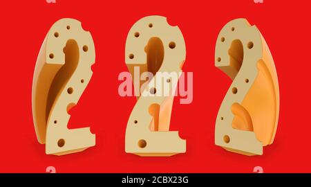 Number 2. Digital sign. Cheese alphabet and font. Set of three view points on red. 3D rendering Stock Photo