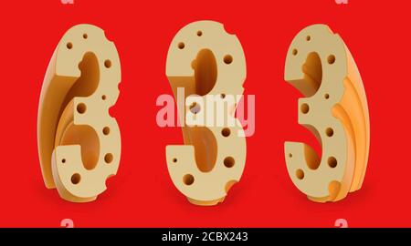 Number 3. Digital sign. Cheese alphabet and font. Set of three view points on red. 3D rendering Stock Photo