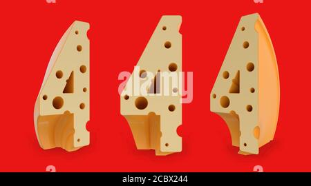 Number 4. Digital sign. Cheese alphabet and font. Set of three view points on red. 3D rendering Stock Photo