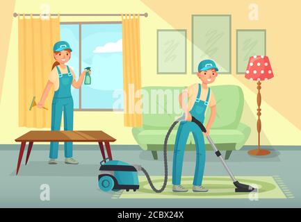 Professional cleaning workers cleaning living room. Man and woman characters, cleaning company staff Stock Vector