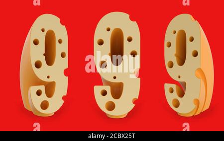 Number 9. Digital sign. Cheese alphabet and font. Set of three view points on red. 3D rendering Stock Photo