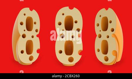 Number 8. Digital sign. Cheese alphabet and font. Set of three view points on red. 3D rendering Stock Photo