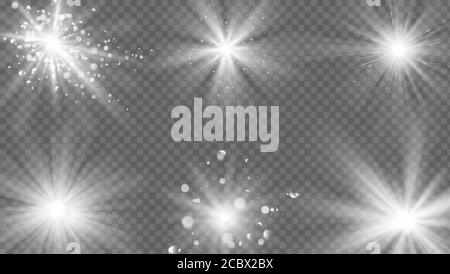 Flares and rays effect. White light burst, star sparkle. Magic starburst beam with glitter, realistic sun glow vector isolated set