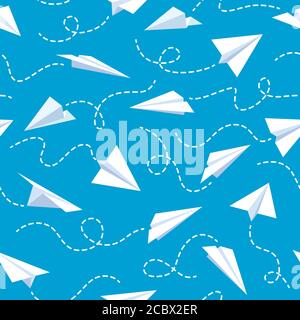 Paper plane seamless pattern. White flying airplanes in blue sky different direction with dotted line tracks wallpaper vector texture Stock Vector