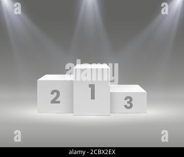 Winner podium. White pedestal with spotlights, empty stage for award ceremony winners, sport victory, realistic vector illustration Stock Vector