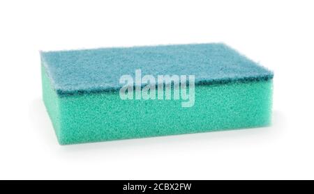 One green dish sponge isolated on white.