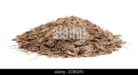 Heap of dry dill seeds isolated on white. Stock Photo