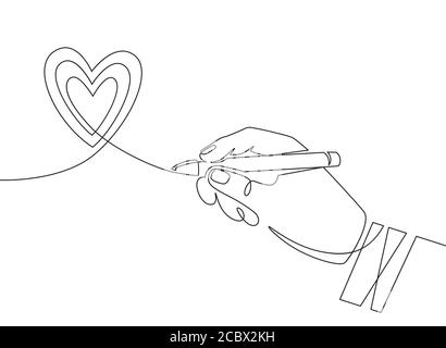 Hand pen and heart. Continuous one line hand drawing heart scribble sign. Minimal outline love symbol, valentine graphic vector concept Stock Vector