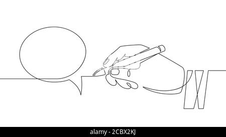 Hand with pen drawing speech bubbles. Sketch hand draws empty think balloon. Chat communication one continuous line vector concept Stock Vector