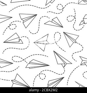 Line paper airplane seamless pattern. Flying planes from different direction with dotted line tracks, black drawing wallpaper vector texture Stock Vector