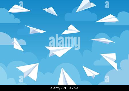 Paper planes in blue sky. White flying airplanes in clouds from different angles and direction. Teamwork, message or travel vector concept Stock Vector