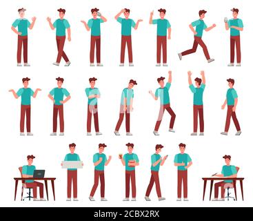 Cartoon man in casual outfit. Young male character in different poses. Student with various gestures, face expression vector set Stock Vector