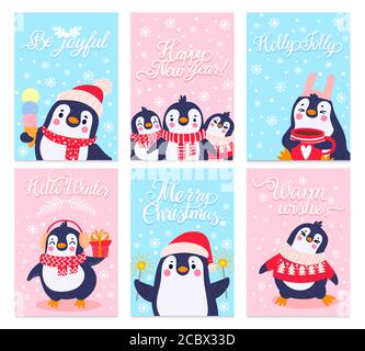 Penguin cards. Merry christmas greetings card with arctic animals in winter clothing and hats, cute penguins design holiday vector set Stock Vector