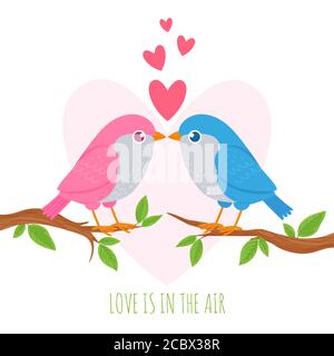 Bird love. Cute birds lovers on branch, romance couple, wedding and valentine day symbol, holiday decoration creative vector concept Stock Vector