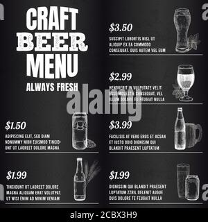 Pub menu. Beer drink menu for restaurant or cafe template design. Glasses, mugs and barrel, bottles sketch vector illustration Stock Vector