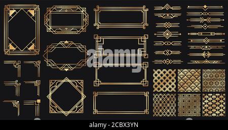 Art deco elements set. Creative golden borders and frames. Dividers and headers for luxury or premium design Stock Vector