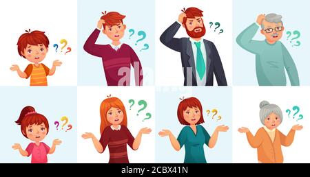 People ask questions, doubt or confused. Man and woman, children thinking or hesitating with question marks Stock Vector