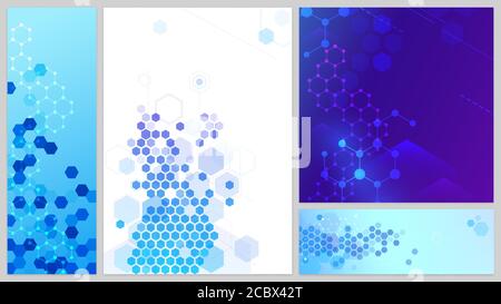 Molecular structure banners set. Connecting lines and dots, hexagons abstract tech background. Science network Stock Vector