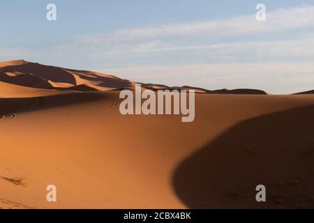 Sahara sand dunes in late afternoon sun at sunset with long shadows and texture Stock Photo