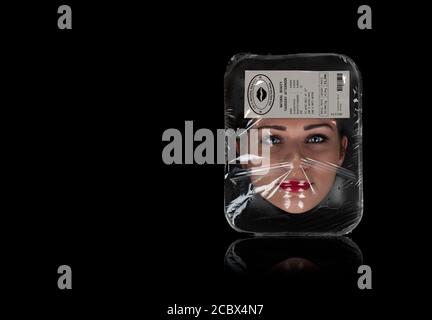 Beautiful women mask to buy with pricetag and description in a meat plastic bag /Concept beauty industry Stock Photo