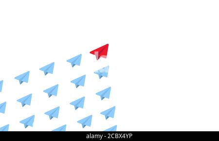 Red paper plane as a leader among blue airplanes. Teamwork concept. New idea, creative thinking. Vector on isolated white background. EPS 10 Stock Vector
