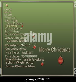 Words Merry Christmas in Different European, Eastern European, Hindi, Bengali, Indian, Japanese Languages forming Christmas Tree with red balls on green background. Copy space. 3D illustration