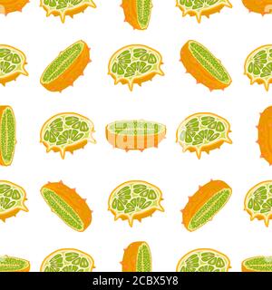 Illustration on theme big colored seamless kiwano, bright fruit pattern for seal. Fruit pattern consisting of beautiful seamless repeat kiwano. Simple Stock Vector