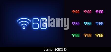 Neon 6G network icon. Neon 6g technology sign, high speed internet in vivid colors. Fast internet 6 generation. Glowing icon set, sign, symbol for UI Stock Vector