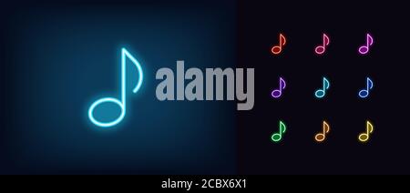 Neon music note icon. Glowing neon note sign, melody in vivid colors. Music festival, radio show, musical evening, karaoke, audio record. Icon set, si Stock Vector