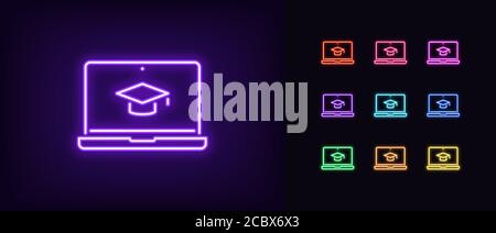 Neon online education icon. Glowing neon webinar sign, digital study on laptop. Video course platform, distance learning, teaching tutorial. Icon set, Stock Vector