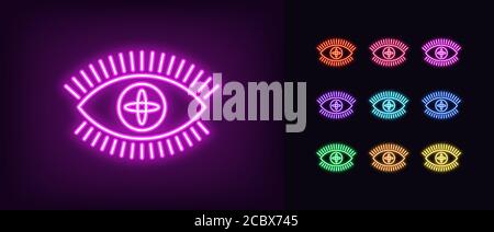 Neon magic eye icon. Glowing neon eye sign with galaxy iris, spiritual vision in vivid colors. Mystic sight, divinity providence, foresight. Icon set, Stock Vector