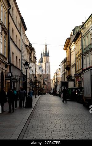 Krakow, Poland. October 9 2019.Old city center view with Adam Mickiewicz monument and St. Mary's Basilica in Krakow Stock Photo