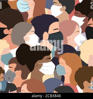 People faces with medical masks, vector seamless pattern. Coronavirus prevention concept. Humans of different gender, ethnicity, and color Stock Vector