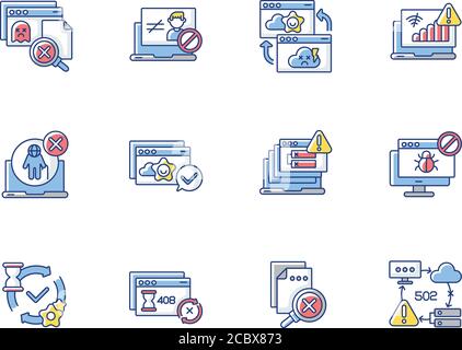 Web notifications RGB color icons set. Different HTTP status codes. Internet websites responses. Various webpage connection problems. Isolated vector Stock Vector