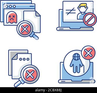 Website errors RGB color icons set. Unauthorized access, version not supported, 404 page not found and no results notifications. Isolated vector illus Stock Vector