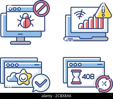 Internet browsing notifications RGB color icons set. Forbidden website, connection problems, request timeout and success messages. Isolated vector ill Stock Vector