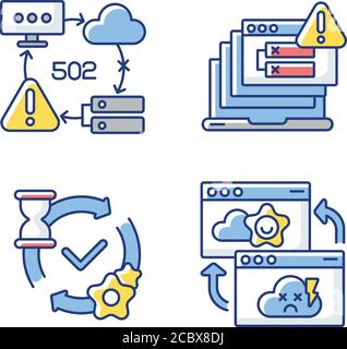 Network notifications RGB color icons set. 502 bad gateway, internal server error, permanent redirect and request processing messages. Isolated vector Stock Vector